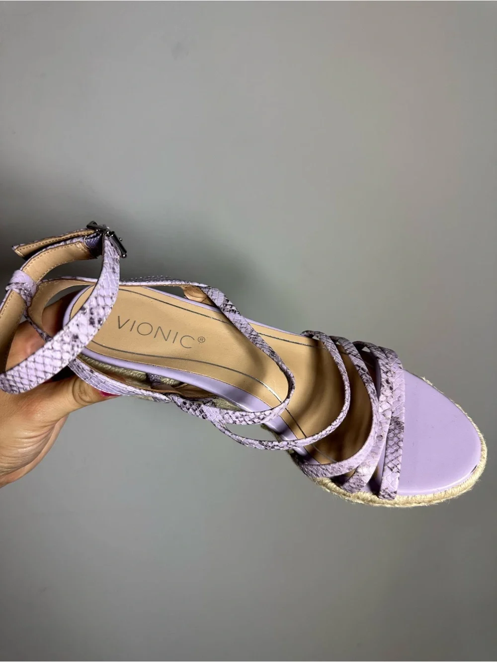 Vionic Ayda Purple Snakeprint Embossed Leather Espadrille Wedge Sandals